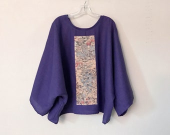 oversized light purple linen top with vintage kimono panel ready to wear