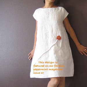 custom linen dress white with rust pleated flowers