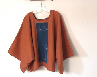 oversized rust linen top with vintage kimono panel  shoulder seamless ready to wear