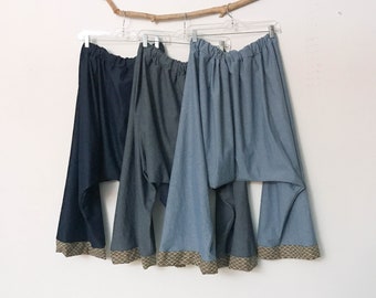 made to order oversized washed indigo denim harem pants with wave geo hem