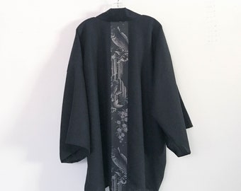 made to order koi fish motif on black heavy weight linen haori inspired jacket