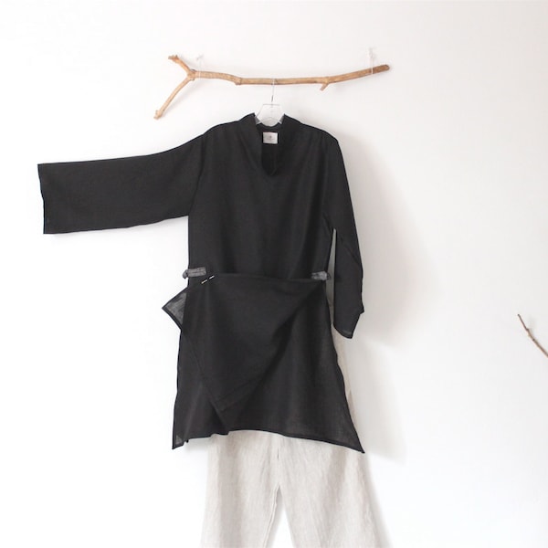 schwarzes hanky Leinen Ao Dai Robe mit Kimono Stoff Knebeln fertig zu tragen Größe M 