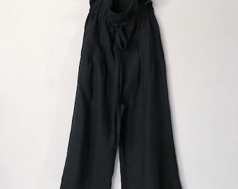 black linen drawstring lotus wide leg pants with side pockets