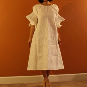custom smocked spiky sleeves linen dress
