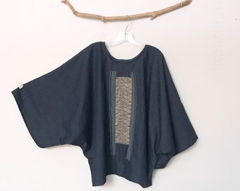 custom oversized denim top with Japanese indigo motif panel