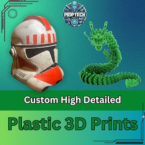 May include: Custom high detailed plastic 3D prints of a white and red stormtrooper helmet and a green dragon. PropTech Prints.