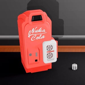 May include: A coral-colored Nuka Cola vending machine with the logo in white script. The machine has a white panel with two fan-like designs. A white die with black dots sits to the right.