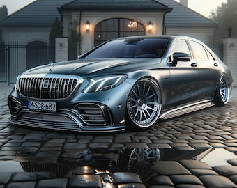 Puede incluir: Un sedán Mercedes-Benz Clase S gris oscuro con llantas personalizadas y una placa de matrícula que dice "M-S>8-682". El coche está estacionado en un camino de adoquines con un charco de agua delante.