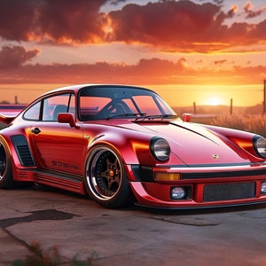 May include: A red Porsche 911 Turbo with a widebody kit and a large rear wing. The car is parked on a tarmac road with a sunset in the background.