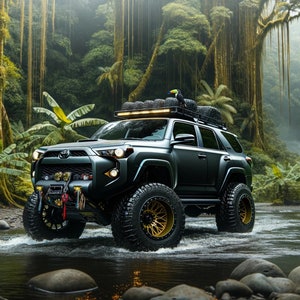 May include: A black SUV with a roof rack and large tyres drives through a shallow stream in a lush green jungle. The vehicle has a black bumper with a silver tow hook and a black grille with a silver Toyota emblem.