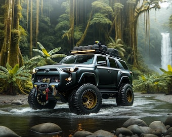 May include: A black SUV with a roof rack and large tyres drives through a shallow stream in a lush green jungle. The vehicle has a black bumper with a silver tow hook and a black grille with a silver Toyota emblem.