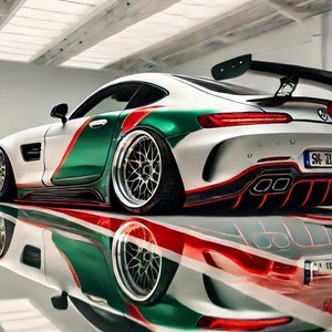 Puede incluir: Un Mercedes-Benz AMG GT S personalizado pintado en blanco, verde y rojo con un gran alerón trasero y una matrícula negra que dice "S& TL 1187".