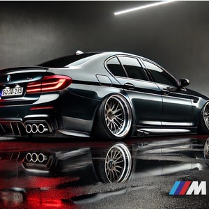 May include: A black BMW M5 sedan with a custom body kit and large wheels. The car is parked in a garage with a reflective floor. The car's license plate reads "SO-JB-243".