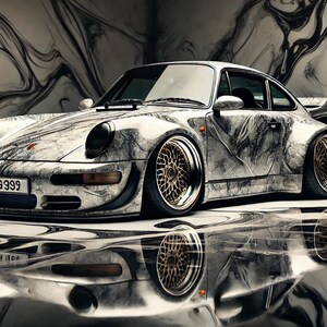 May include: A white and gray Porsche 911 with a marble-like paint job. The car has gold wheels and a black license plate that reads "RSS999".