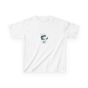 May include: White t-shirt featuring a cartoon Snoopy character dancing with a blue radio on his head. The design includes musical notes above Snoopy. The shirt is a classic crew neck style.