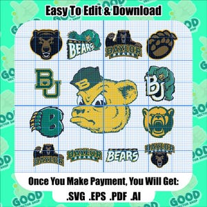 May include: A digital download of nine different Baylor University logos in green, yellow, and black. The logos include the Baylor Bears mascot, the Baylor Bears text logo, and the Baylor University initials "BU".