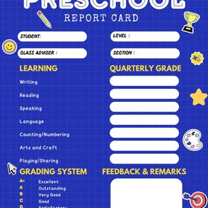 Report card giocosa per la scuola materna colorata blu navy e bianca