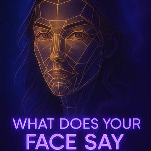 May include: A digital illustration of a human face overlaid with a glowing gold geometric wireframe grid against a dark blue background. Below the face, the text reads in purple neon-style lettering: WHAT DOES YOUR FACE SAY ABOUT YOU?