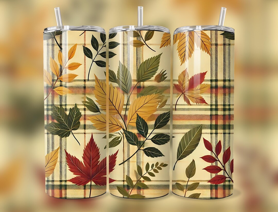 Autumn Leaves PNG Tumbler Sublimation Wrap With Cozy Plaid and Fall ...