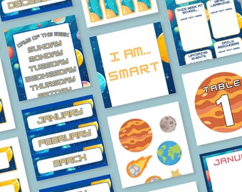 May include: A set of printable classroom decor featuring a space theme. The set includes a weekly newsletter, daily reminders, a table number, days of the week, months of the year, and a motivational poster that says "I am... SMART". The graphics feature planets, stars, and comets.