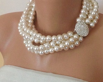 All Luxurious, All Timeless + 30%SALE Bridal Jewelry, Bridal ,Multi Strands Wedding Pearl Necklace ,Rhinestone Brooch,