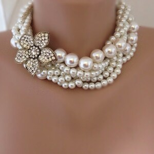 Bridal Pearl Statement Necklace, Rhinestone Brooch