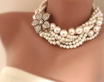 All Luxurious, All Timeless + 30%SALE SA- Bridal Pearl Statement Necklace, Rhinestone Brooch