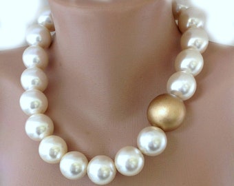 All Luxurious, All Timeless + 30%SALE Gold and Beige Faux Pearl Choker, Handmade Huge Pearl Choker