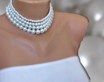 4 Strands Glass Pearl Choker, pearl necklace women