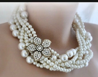SA-SA- Collier de perles de verre ivoire audacieux avec broche fleur en strass, collier de mariage de la mariée, perles tressées
