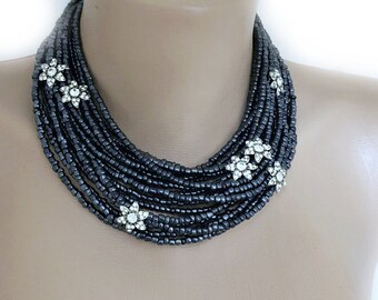 All Luxurious, All Timeless + 30%SALE SA- Bridal Jewelry, Multi Strand Layered Necklace with Tiny Crystal Brooches