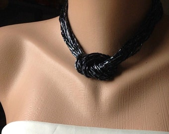 All Luxurious, All Timeless + 30%SALE Handmade Bridal Jewelry, Black Crystal Seed Bead  Braided Knotted Collar