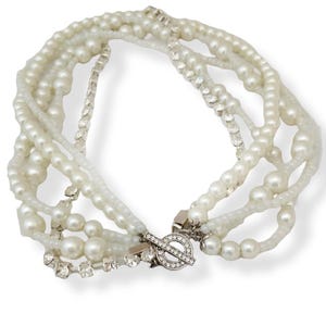 Beige Pearl Bridal Necklace with Rhinestone Chain, Multi Strand Design Chic Pearl Wedding Necklace