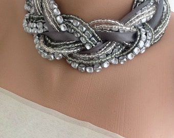 Bridal Jewelry, Wedding Pearl NecklaceChunky Bridal Silver Choker, Braided brides necklaces silver gray pearl choker Bold ,Chunky, Necklace