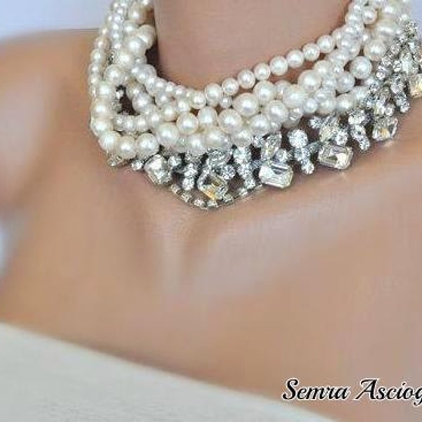 Bridal Statement Freshwater Pearl and Rhinestone Choker, Freshwater Pearl Necklace