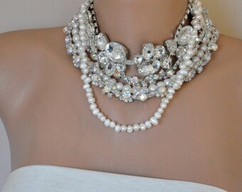 Freshwater Pearls Brides Bib Necklace with Crystal flower