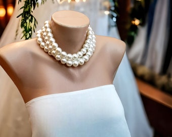 1960s Inspired Minimalist, 3 Strands   Bold Beige Pearl Necklace