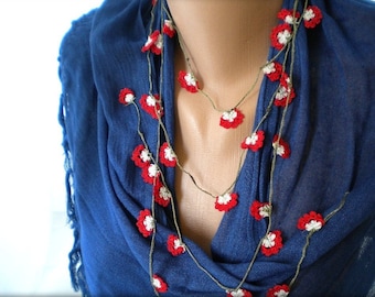 83 INCH 210CM  RED  AND WHITE  OYA LACE NECKLACE SCARF
