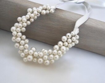 Bridesmaids Gifts Glass Pearl Necklace, Handmade Pearl Choker with Satin Ribbon