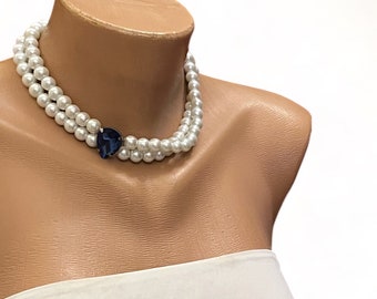 SA- 1940s  İnspired Handmade Layered Pearl Choker with Crystal Charm