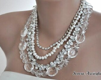 All Luxurious, All Timeless + 30%SALE SA- Bridal Jewelry, Avant garde Crystal and Pearl Necklace