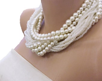 Wedding Pearl NecklaceMulti Strand Brides Pearl Necklace,Braided Wedding Jewelry, Handmade Bridal Bold Necklace,Chunky Pearl Necklace