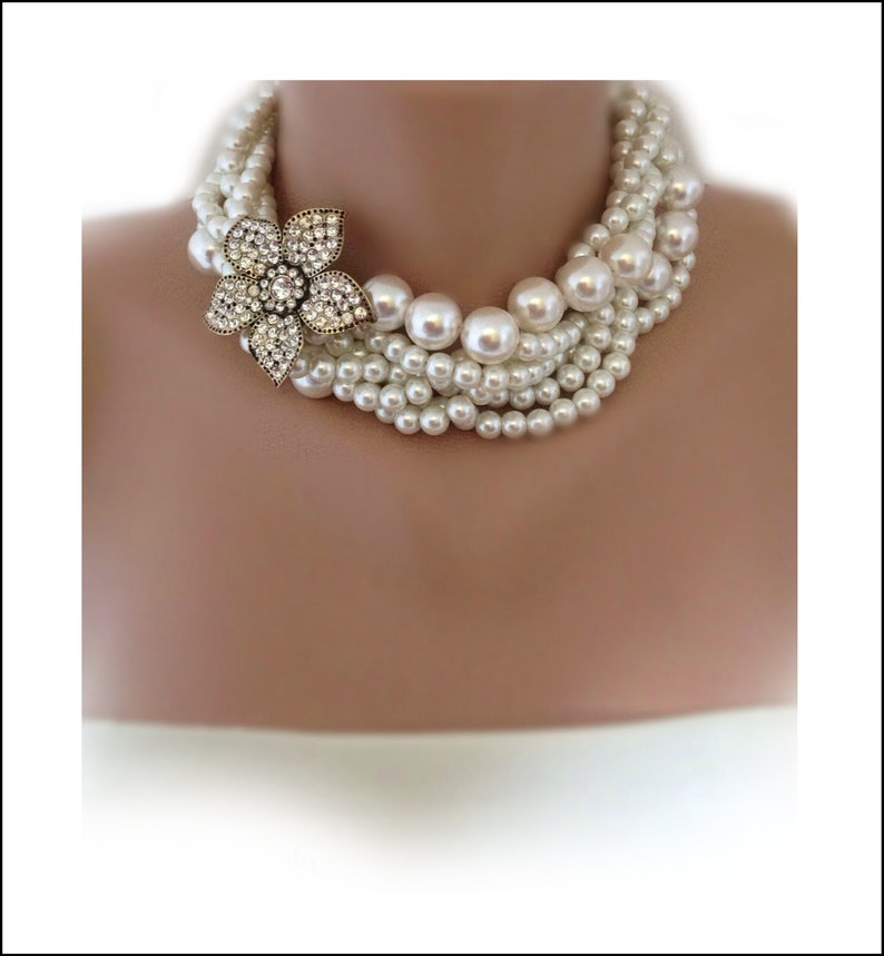 Bridal Pearl Statement Necklace, Rhinestone Brooch