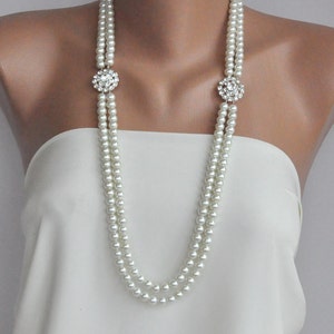 Handmade Wedding Necklace, Pearl Bridal Long Necklace ,Ivory Pearls Long Necklace,Crystal Brooch Necklace,bridal jewellery,multiple strand