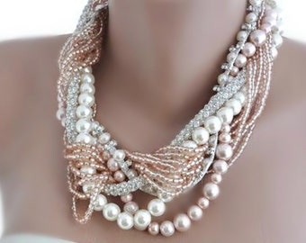 SA- Bijoux de mariée, Collier de perles, Bijoux de mariée en perles audacieuses, Collier de perles de verre rose pâle