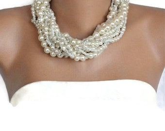 SA- Bridal Jewelry, Chunky Statement Pearl Necklace, Chunky Ivory Twisted Bridal Necklace Bridesmaids gifts
