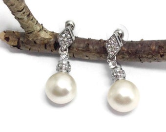 Bridal Jewelry, Rhodium Plated  Pearl Earrings, Rhinestone  Dangle l Earrings