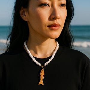 Boho Beaded Necklace: Wooden Fish Pendant, Adjustable Leather Cord