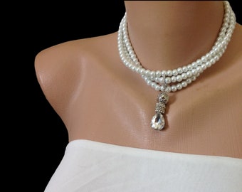 All Luxurious, All Timeless + 30%SALE SA- Handmade 3 Strands Glass Pearl Choker Decorated with Rhinestone and Natural Lava Stone