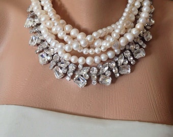 All Luxurious, All Timeless + 30%SALE SA- Art Deco Sparkle Freshwater Pearl and Rhinestone Necklace